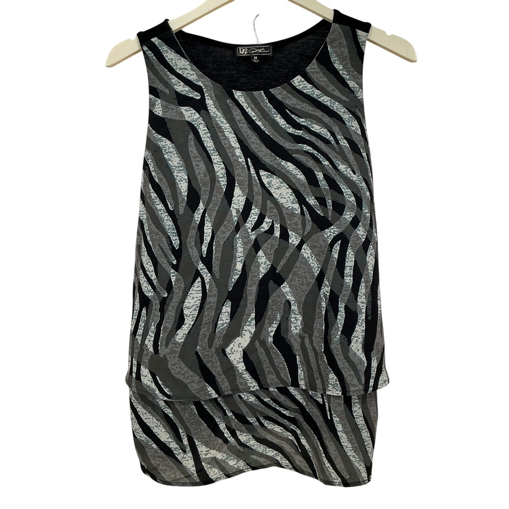 DG2 Diane Gilman Zebra Print Layered Tank Top Womens Size M Black Gray Modern